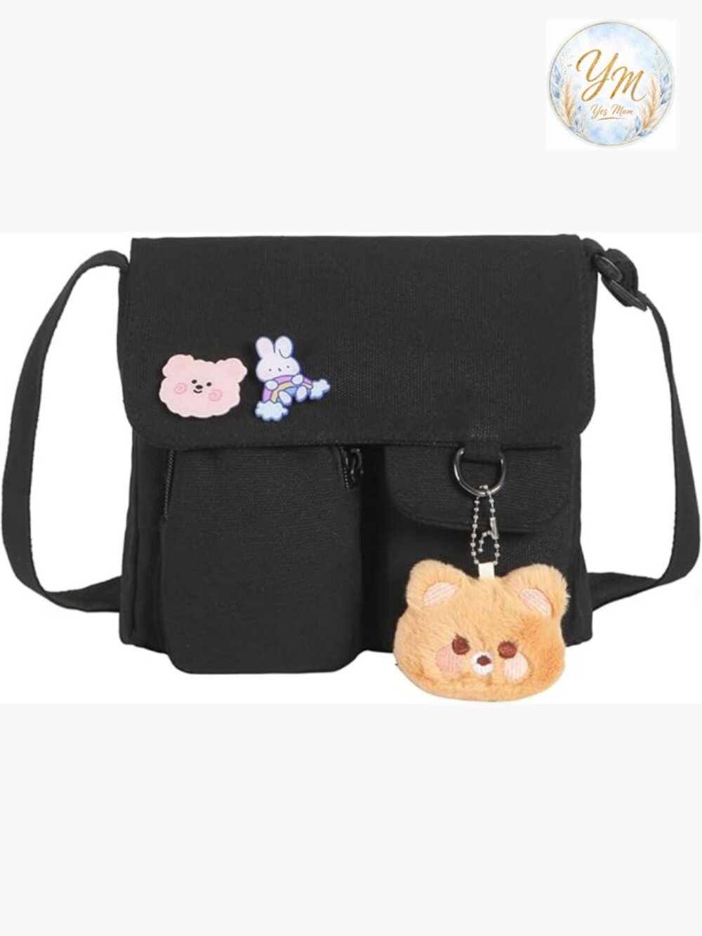 Kawaii Canvas Messenger Crossbody Bag with Pins and Bear Pendant
